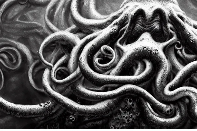 Image similar to ultra realist soft painting of the head of Cthulhu barely visible in the fog, slimy tentacles, very intricate details, ultra dense fog, golden ratio, volumetric black and white lighting, reflections, refractions, symmetry accurate anatomy features, unreal render