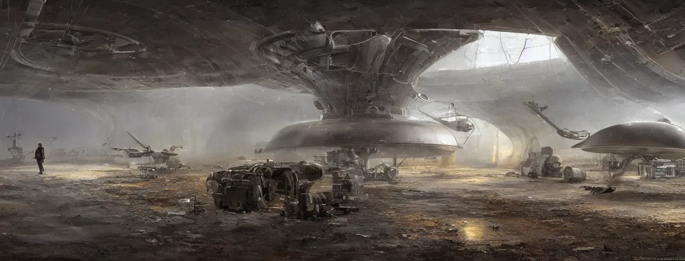 Image similar to engineer repairs special flying saucer full of modern military equipment, in the hall of area 55, high detail, ground fog, wet reflective ground, saturated colors, by Jordan Grimmer, render Unreal Engine-H 704