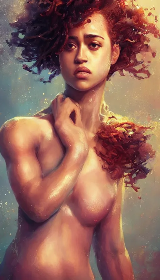 Prompt: dramatic upper body portrait of Nathalie Emmanuel as a mermaid by Ruan Jia and Mandy Jurgens and Artgerm and william-adolphe bouguerea, highly detailed, trending on artstation, award winning