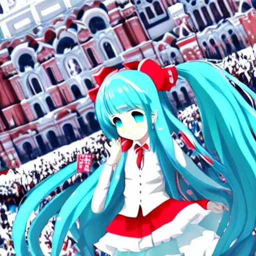 Image similar to hatsune miku on the moscow red square, high detailed anime art, trending on pixiv