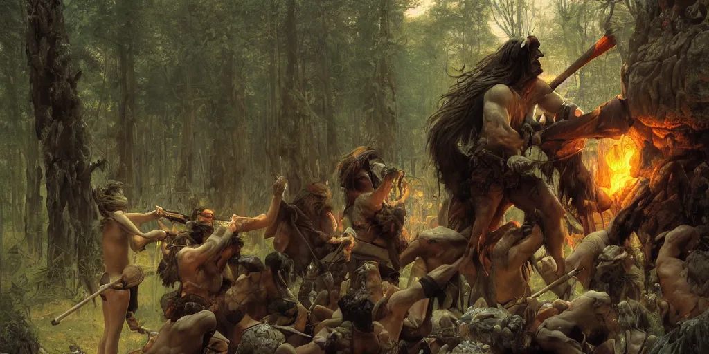 Image similar to barbarian norse god pushes an attacking racen from his face, dense forest, dusk, sunset, campfire, horizontal symmetry inception good composition artstation illustration sharp focus, vista painted by ruan jia raymond swanland lawrence alma tadema zdzislaw beksinski norman rockwell tom lovell alex malveda greg staples