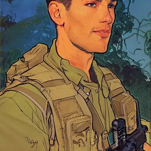 Prompt: Hector. Handsome USN special forces recon operator in near future gear, cybernetic enhancment, on patrol in the Australian neutral zone, 22 years after the Helvetica Event. 2087. Concept art by James Gurney and Alphonso Mucha