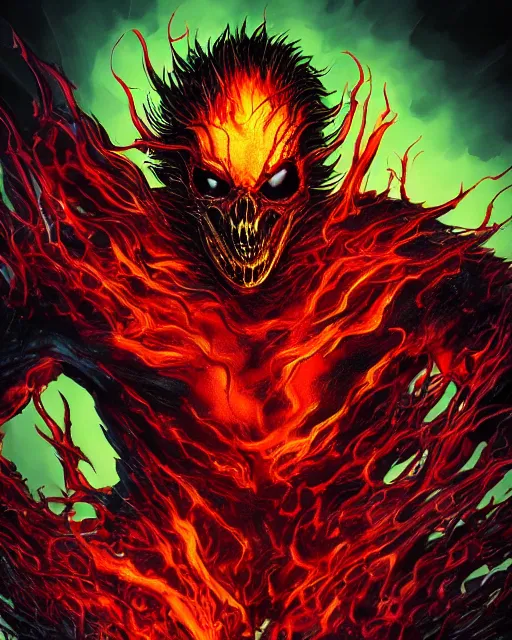 Image similar to ghost rider symbiote, purple and red variant, dynamic lighting, fantasy concept art, trending on art station, stunning visuals, creative, cinematic, ultra detailed, comic strip style