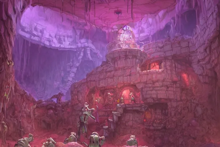 Image similar to point perspective dungeon pink chasm fantasy dungeon You step into the shaggy room. The walls and floor are made out of plasma that kinda smells like portals. A disproportionate pack of eelfolks guards the room. The room also contains a rotund robe.,by artgerm and Craig Mullins, James Jean, Andrey Ryabovichev, Mark Simonetti and Peter Morbacher 16k