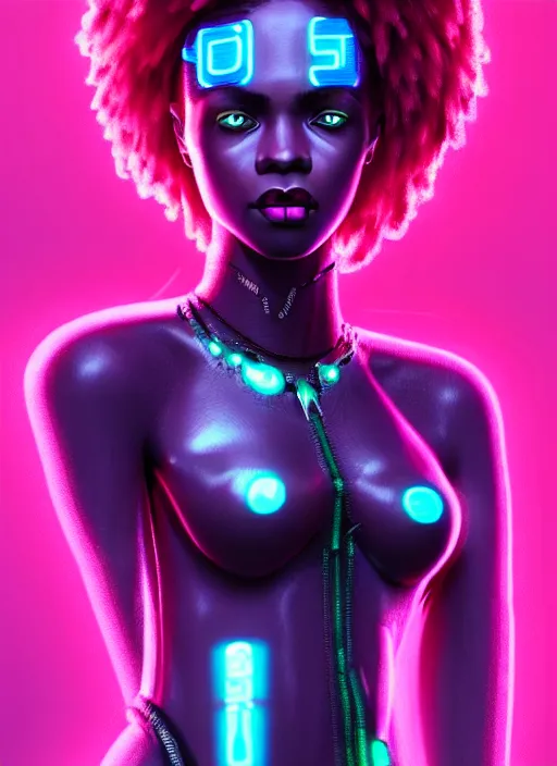 Image similar to photorealistic portrait of black american female humanoid, cyber neon lights, highly detailed, cyberpunk high fashion, elegant, crispy quality, trending in artstation, trending in pinterest, glamor pose, no signature, no watermark, cinematic, art by pascal blanche