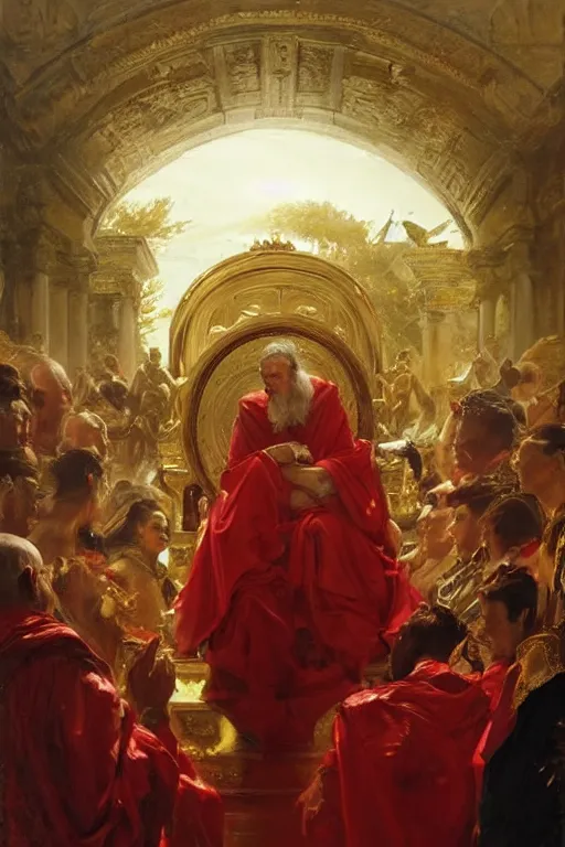 Image similar to beautiful oil painting, steve buscemi in royal crimson robes enthroned as the god emperor of ancient rome a golden wreath upon his head, by anders zorn, wonderful masterpiece by greg rutkowski, beautiful cinematic light, american romanticism, by thomas lawrence, greg rutkowski