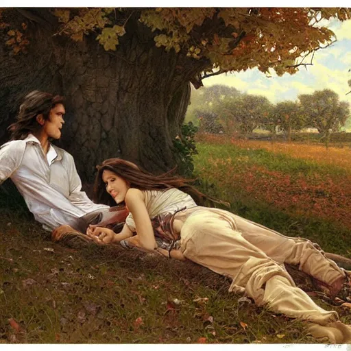 Prompt: young man and woman with long brown hair, laying under a tree looking at clouds autumn, ( ( ( wearing jeans ) ) ), perfect arms, perfect faces, perfect legs, by stanley artgerm lau, greg rutkowski, thomas kindkade, alphonse mucha, loish, norman rockwell