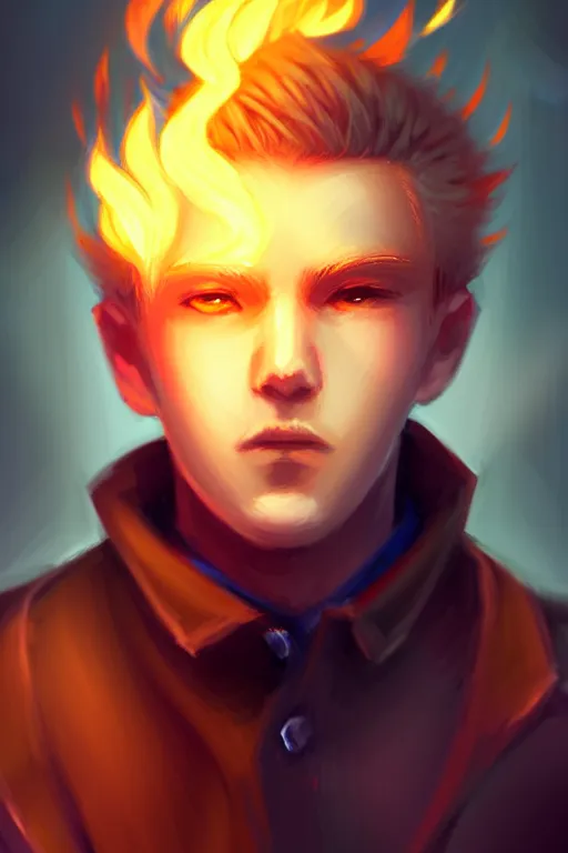 Image similar to character art by wlop, young man, blonde hair, on fire, fire powers