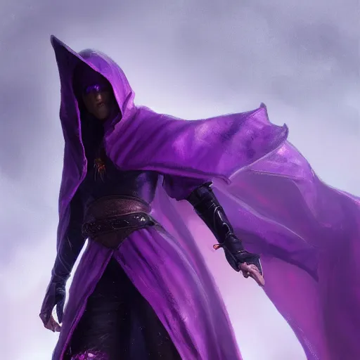 Image similar to female warlock long hood cloak purple, fighting monster with magic, 8 k, trending on artstation by tooth wu and greg rutkowski