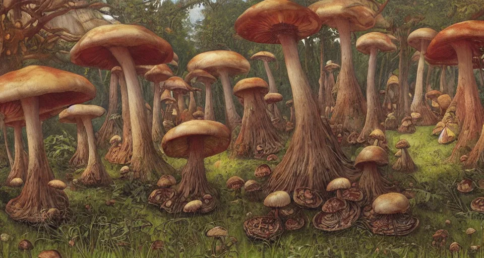 Image similar to A tribal village in a forest of giant mushrooms, by Gerald Brom,