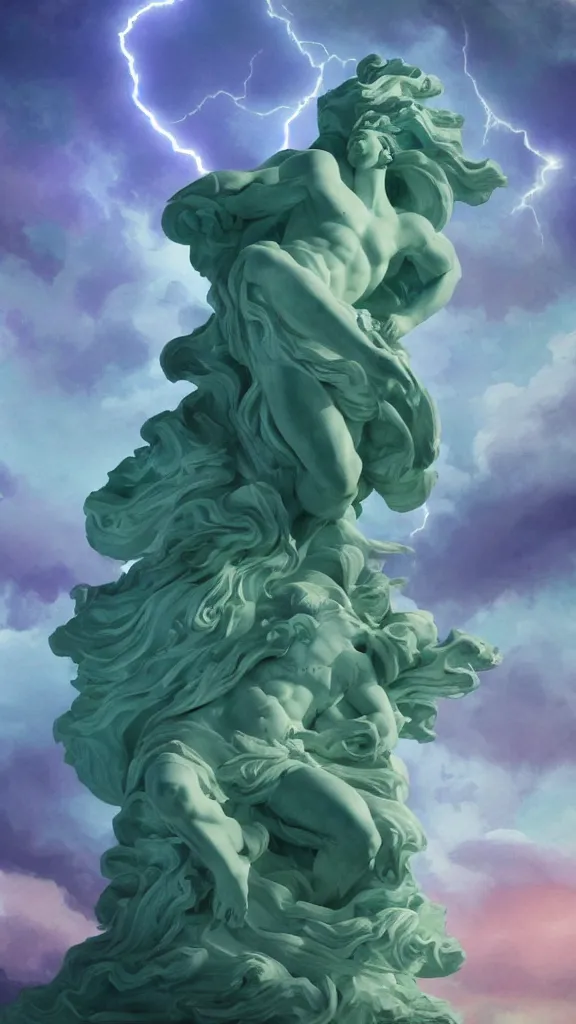 Prompt: gigantic marble statue of the god of the sea. roiling waves at the base. scene lit by lightning. thunderclouds in the background. fantasy setting. purples and greens. fantasy aesthetic. 4 k. painting with curved brush strokes