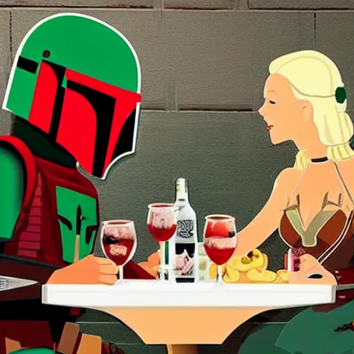 Image similar to Boba Fett and a beautiful young blonde drinking beer in a wine cellar, food, meat, schnapps, torches on the wall, romantic, inviting, cozy