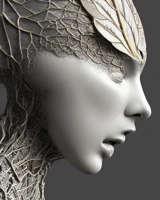 Image similar to close - up profile face, complex 3 d render of a beautiful porcelain vegetal dragon cyborg young female, 1 5 0 mm, beautiful natural soft rim light, silver gold details, magnolia leaves and stems, roots, fine lace, mandelbot fractal, elegant, ultra detailed, white metallic armour, octane render, black and white, h. r. giger style