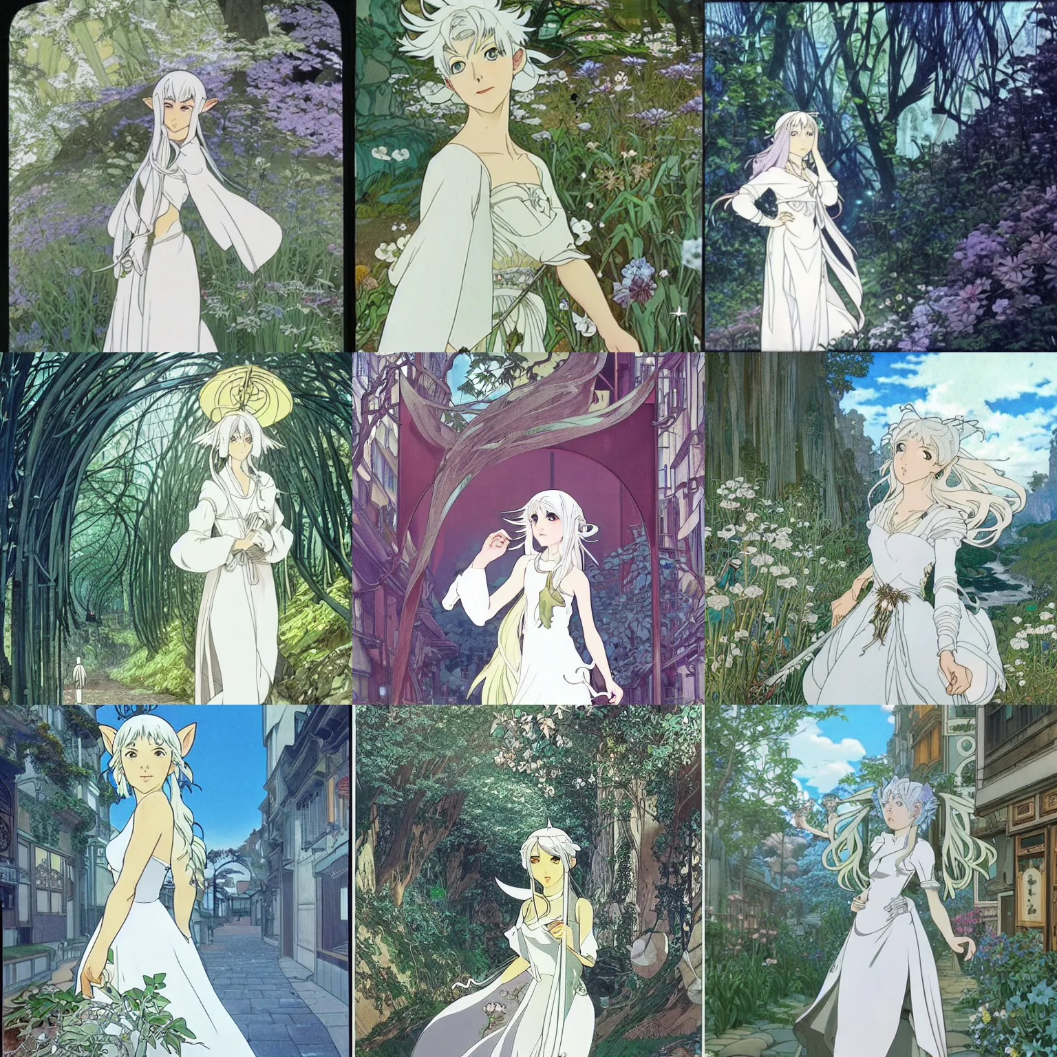 Prompt: Portrait of a beautiful silver-haired elf wearing a white dress walking through a city reclaimed by nature, fantasy, defined facial features, highly detailed, animation cel, official Kyoto Animation and Studio Ghibli anime screenshot, by Monkey Punch and Alphonse Mucha