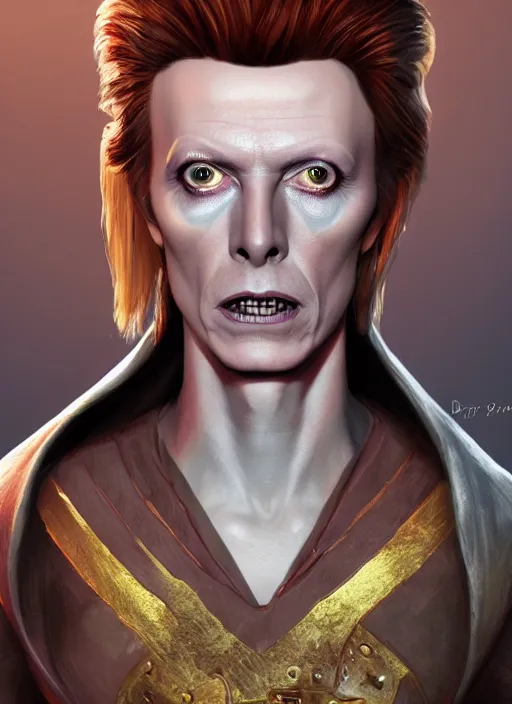 Image similar to A fantasy comic book style portrait painting of David Bowie as a cleric in a stunning fantasy fortress, unreal 5, DAZ, hyperrealistic, octane render, RPG portrait, dynamic lighting