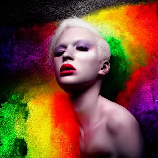 Image similar to beautiful albino woman vomiting rainbows, unral engine octane, colorful, darkart
