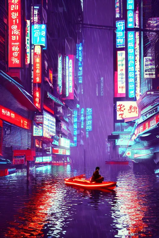 Image similar to cyberpunk flooded rainy south korea, seoul, man in small row boat, reflections, cinematic lighting, photorealistic, trending on artstation, storefronts made of neon lights, hyper realistic rendering photography, unreal 5 engine render, ultra wide angle, long shot, 8 k