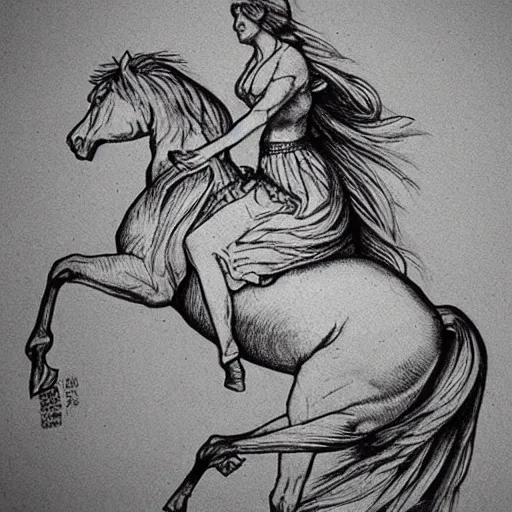 Prompt: “8k ink drawing of Diana huntress, Horses in run, intricate in style of Michelangelo and Albrecht Durer, hand made paper”