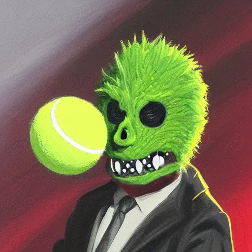 Image similar to a tennis ball monster, tennis ball, dark, chalky, motorcycle, bat vampire, digital art, fantasy, magic, trending on artstation, ultra detailed, professional illustration by Basil Gogos