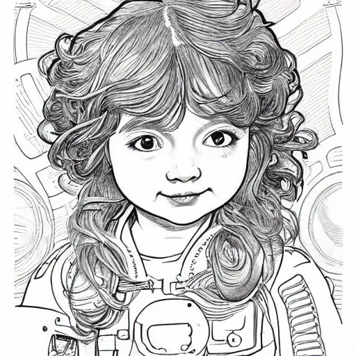 Image similar to clean simple line art of a cute little girl with a short brown wavy curly hair. she is dressed as an astronaut. no background. well composed, clean coloring book page, beautiful detailed face. coloring book line art by artgerm and greg rutkowski and johanna basford and alphonse mucha