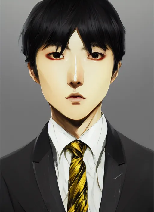 Image similar to a highly detailed illustration of kento yamazaki as pale skin hero wearing black suit and tie with coattails, yellow eyes, dramatic standing pose, intricate, elegant, highly detailed, centered, digital painting, artstation, concept art, smooth, sharp focus, league of legends concept art, wlop.