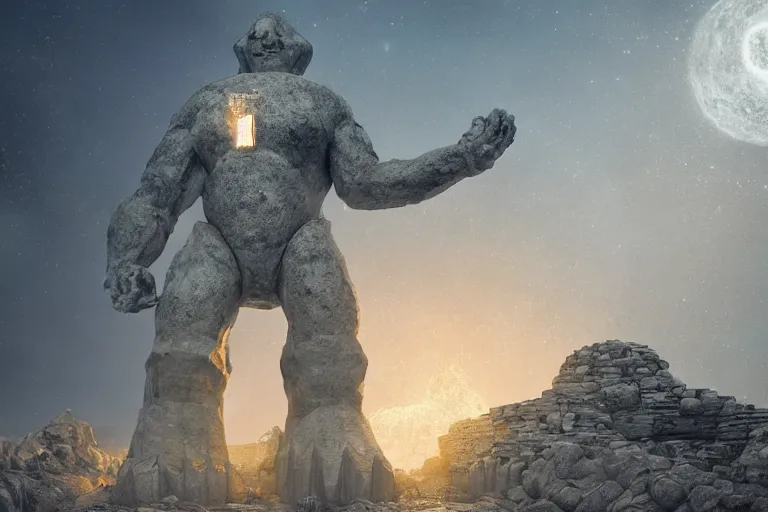 Prompt: a 5 meters high golem made of stone and crystal, with a 6 meters long gold spear, keeping the entrance of an antic civilisation sanctuary, cinematic light, digital painting by wlop, atmospheric effects, fireflies, solar disc, 4 k, octane render, artstation, deviantart