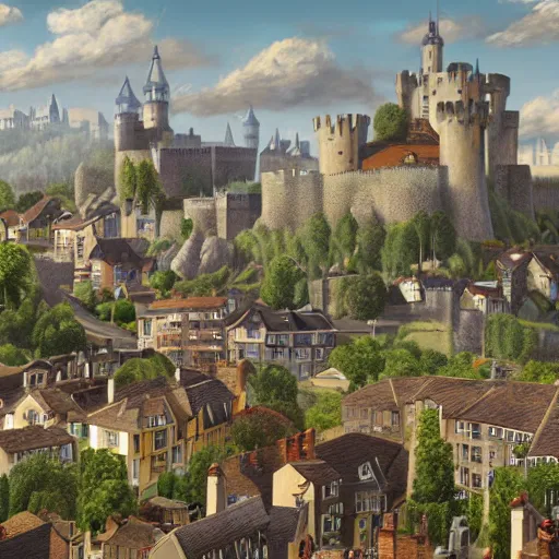 Image similar to elegant fantasy capital city, in the foreground sprawling houses and shops lining the crowded streets. in the background is a large stone castle with several tall spires. view from the ground looking from a street towards the castle. realistic, highly detailed painting concept art style 4 k