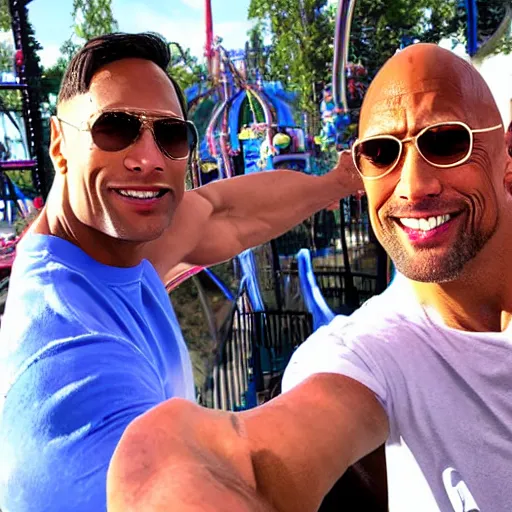 Image similar to dwayne Johnson and jerma985 selfie photograph at amusement park