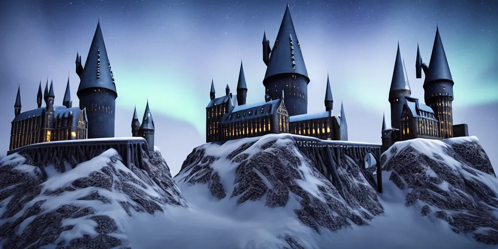 Prompt: “Hogwarts School of Witchcraft and Wizardry with the norther lights in the background. Octane render, 4k, 8k, unreal 5, very detailed, hyper control-realism, trending on artstation.”