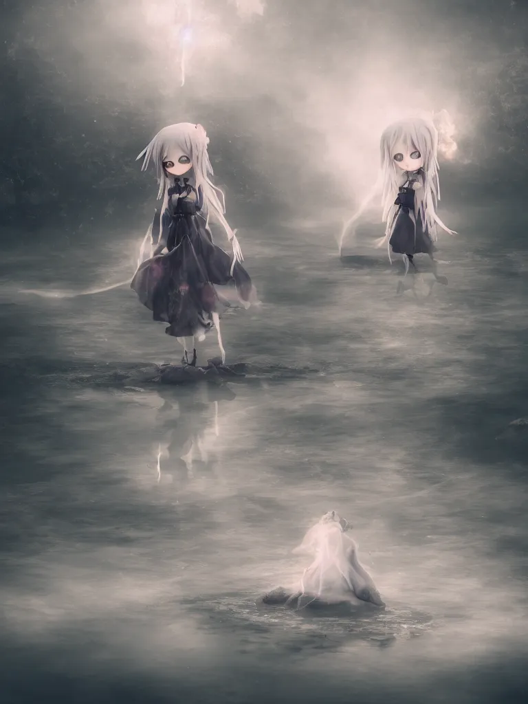 Prompt: cute fumo plush girl witch standing in reflective murky river water, gothic horror maiden in tattered cloth, hazy heavy swirling volumetric fog and smoke, moonglow, lens flare, chibi anime, vray
