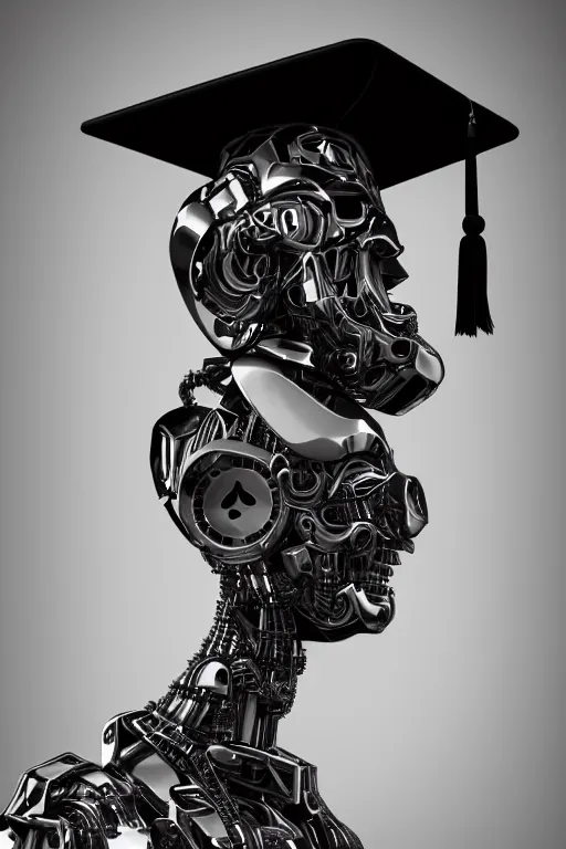 Prompt: a portrait of a extremely intricately detailed beautiful robot wearing on its head a highly detailed perfect render black graduation hat, realism. concept art. unreal engine 5, f / 1. 8, v - ray, ultra hd, 8 k, graduation photo, atmospheric beautiful background and beautiful lighting. hyper realism.