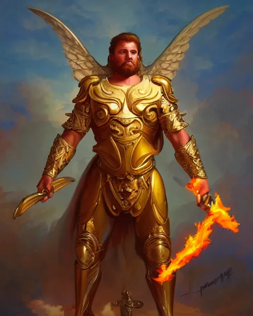 Prompt: character portrait of a burly male angel of justice, with fiery golden wings, wearing shining armor, wielding a flaming sword, by peter mohrbacher, mark brooks, jim burns, marina abramovic, wadim kashin, greg rutkowski, trending on artstation