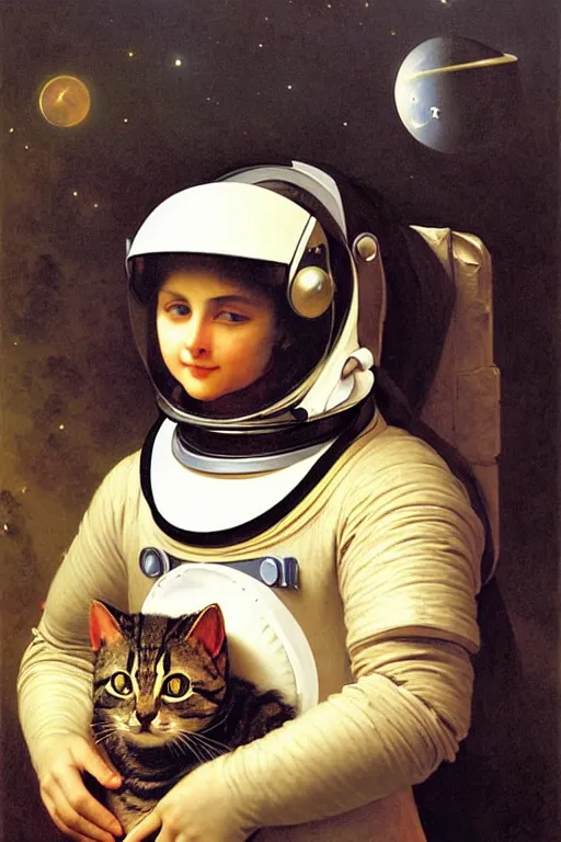 Image similar to portrait of a cat astronaut with armor and helmet, by bouguereau