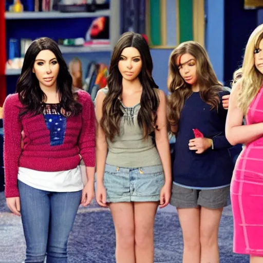 Image similar to Icarly with kim kardashian as Carly, 8k full HD photo, cinematic lighting, anatomically correct, oscar award winning, action filled, correct eye placement,