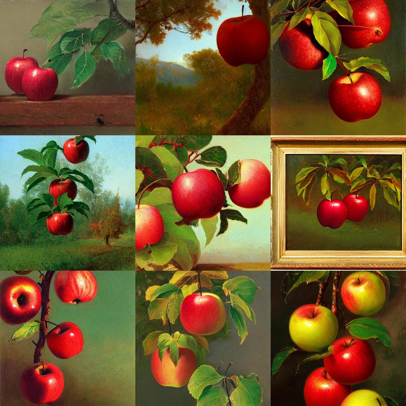 Prompt: iridescent red apples hanging from a branch with emerald green leaves painted by Bierstadt