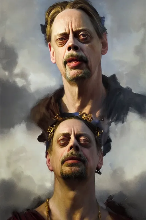 Prompt: beautiful oil painting portrait of ancient roman god emperor steve buscemi wearing the civic crown levitating and ascending religious pose, ascension, art by anders zorn, wonderful masterpiece by greg rutkowski, expressive brush strokes, beautiful cinematic light, american romanticism by greg manchess, jessica rossier