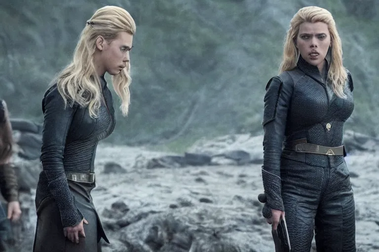 Prompt: starfleet uniform, scarlett johansson, in starfleet uniform, playing lagertha in a scene from the tv series vikings, directed by christopher nolan