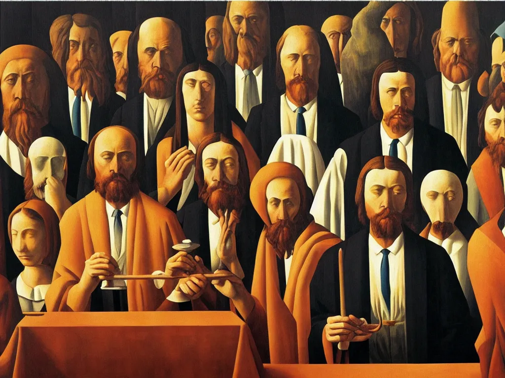 Prompt: crowded last supper painting magritte, renaissance, american gothic, detailed faces