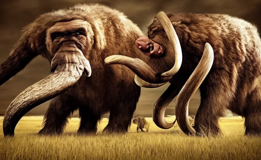 Image similar to made 1 5 0's neanderthal fighting with mammoth, perfect dynamic posture, perfect dynamic environment, perfect dynamic body form, perfect dynamic pose, trending pinterest, perfect dynamic position, award winning photo by national geographic, and pulittzer winner, realistic, bokeh, reduce duplication interference