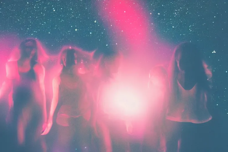 Image similar to blured shadows of dancing young women on pink light, close-up, focused background blue night sky with stars and orange campfire, polaroid photo