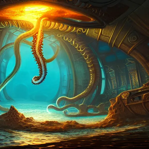 Image similar to beautiful digital fantasy illustration of an underwater city surrounded by tentacles, the forge of worlds, concept art by xul solar, two hands reaching for a fish, high detail texture, unreal engine, 8 k, photographic quality, ultra hyper realistic quality, 8 k definiton, hyper - realistic, cinematic, cinematic lighting