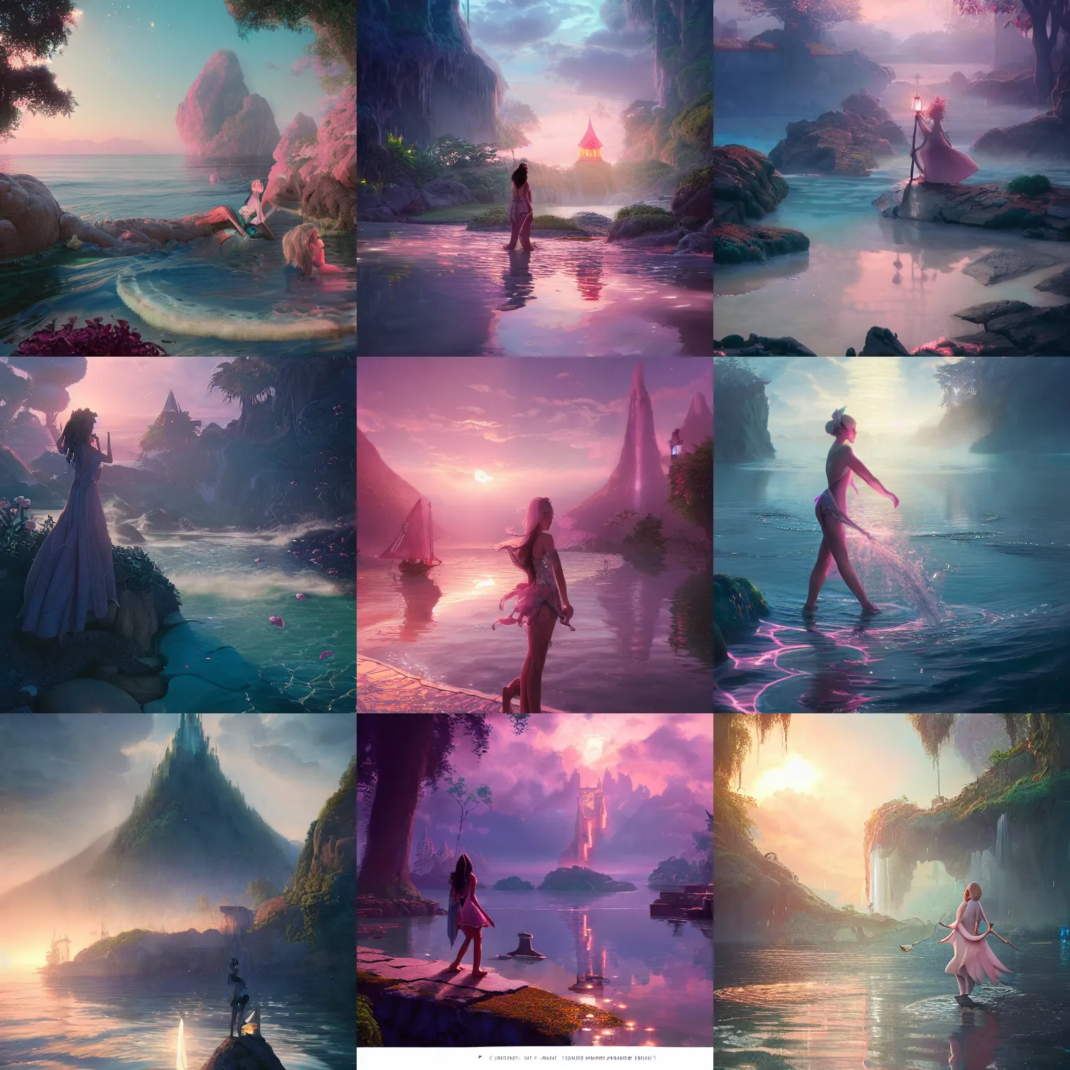 Prompt: fantasy with water magic, at gentle dawn pink light, rossdraws, artgerm, norman rockwell, emiliano ponzi, epic composition, hd, octane, unreal engine, volumetric lighting, light rays, masterpiece, award - winning