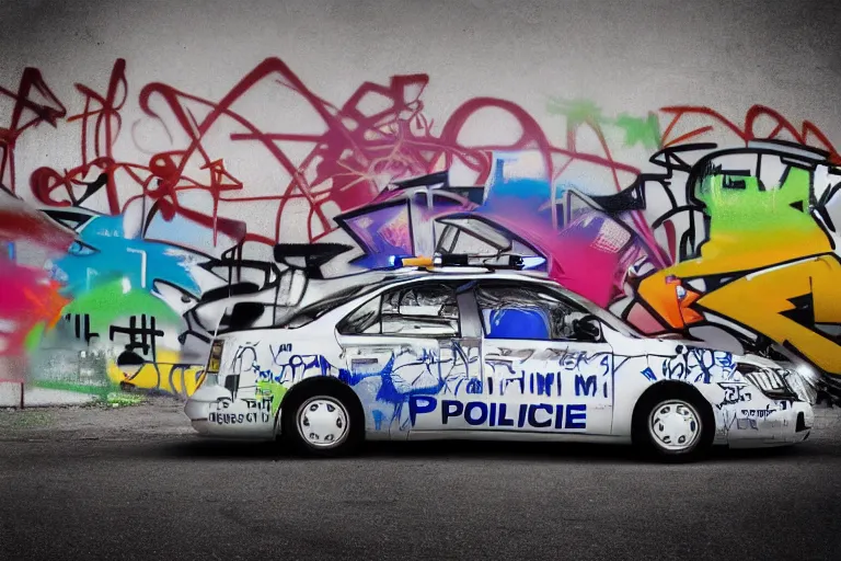 Image similar to a police car covered in graffiti that spells'1 3 1 2'by mia brownell, art by anna hotchkis, antonio saura, very detailed, maximalism, ambient occlusion, volumetric light, atmospheric haze, hyper realism, futuristic but colorful shading, cinematic composition, realistic render, photography, wide shot