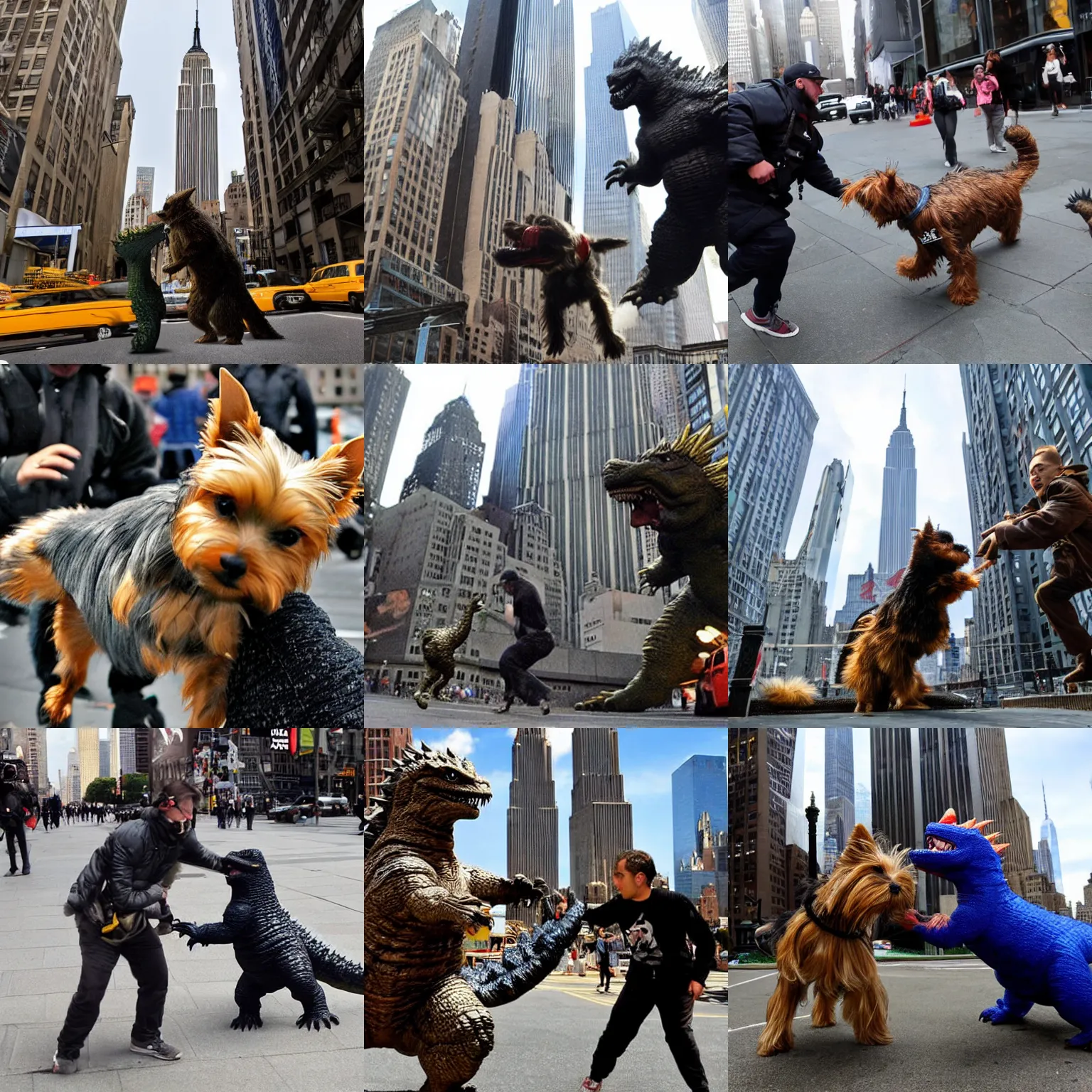 Prompt: A yorkie fights with Godzilla near Empire State Building