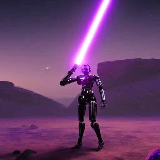 Image similar to humanoid robot wielding lightsaber in front of a violet planet, unreal engine, featured on cgsociety, trending on artstation, scifi futuristic character concept