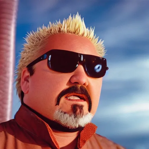 Prompt: Guy Fieri as a Fremen in Dune barbecuing, blue eyes, stillsuit, cinematic, panavision 65mm film