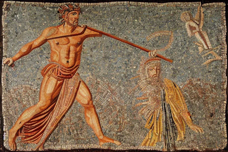 Image similar to ancient roman mosaic of the god mars with a spear