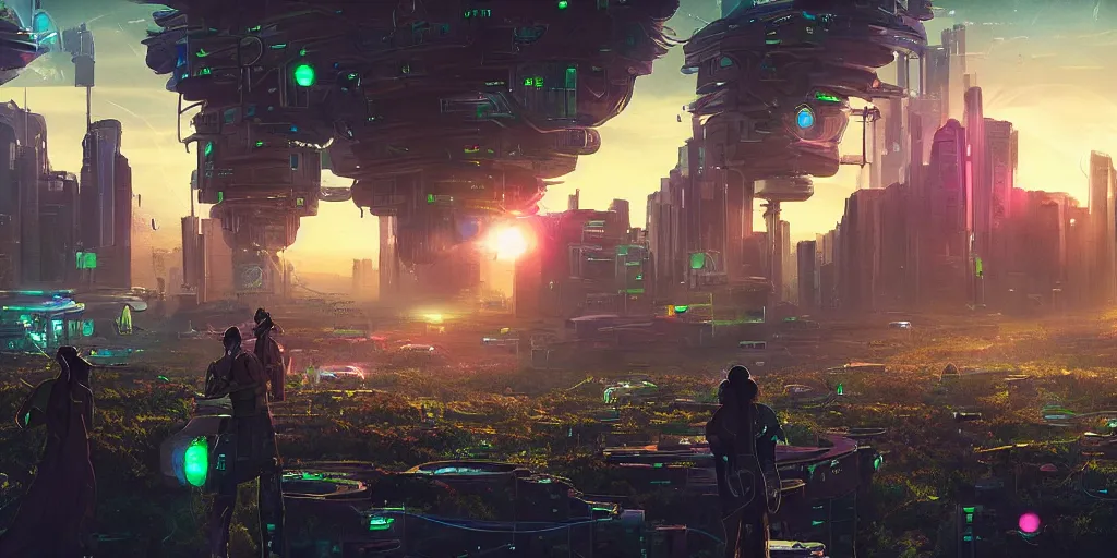 Prompt: a cinematic composition depicting : a translucid crystal being, behind their hud viewing out of their window how a high tech lush solarpunk tribe collaborating with their technologic android helpers encroaching on a distant cyberpunk world at sunrise