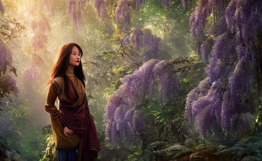 Prompt: beautiful Himalayan woman, sci-fi tibetan fashion, brown hair, somber, scene of a summer forest with glowing blue wisteria, dramatic light, wide angle, dramatic pose, dramatic angle , 8k hdr pixiv by Makoto Shinkai and Wojtek Fus