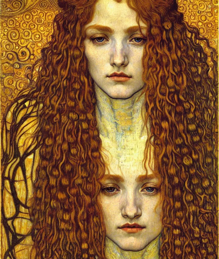 Image similar to detailed realistic beautiful young medieval queen face portrait by jean delville, gustav klimt and vincent van gogh, art nouveau, symbolist, visionary, gothic, pre - raphaelite, muted earthy colors, desaturated